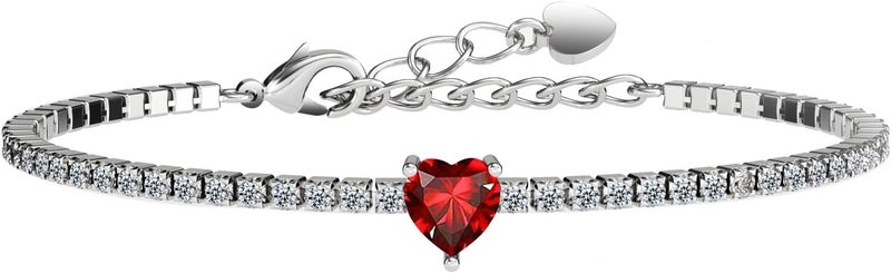 AllenCOCO Sterling Silver Heart Birthstone Bracelet, 14K White Gold Plated, AAAAA+ CZ Cubic Zirconia, Tennis Chain with Heart Charm, Hypoallergenic, Non-Tarnish Jewelry Gift for Women - Image 1